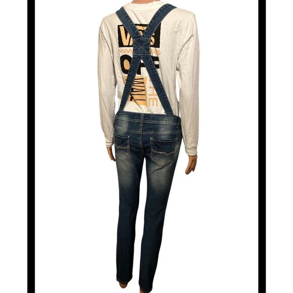 Almost Famous Blue Denim Overalls Juniors Size Small - Picture 6 of 9